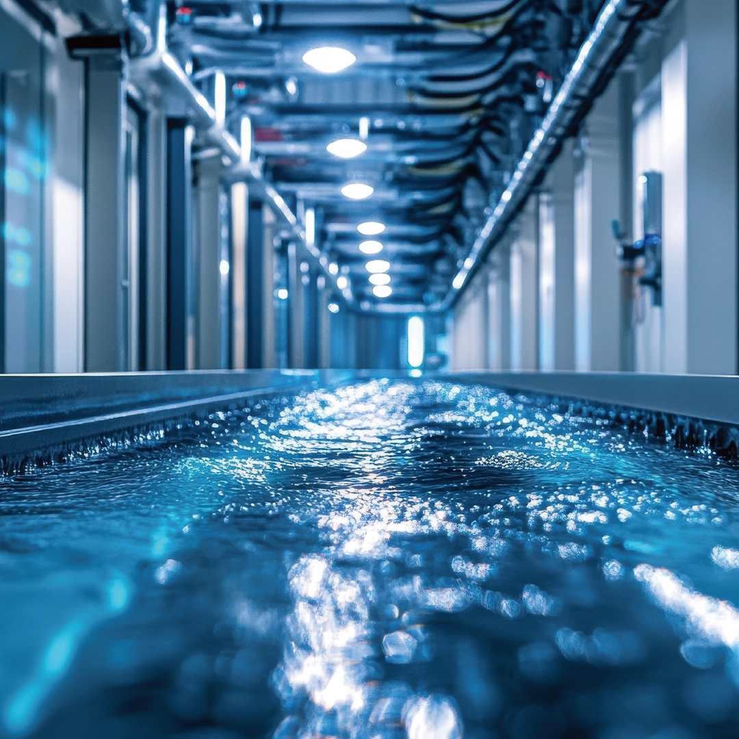 Immersion cooling data center with shimmering liquid surface, symbolizing advanced thermal management for high-density servers