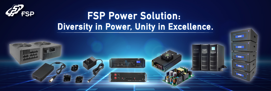 FSP Power Solution's AC-DC power supply product portfolio, including adapters, open frame PSUs, industrial PC PSUs, and redundant server power supplies