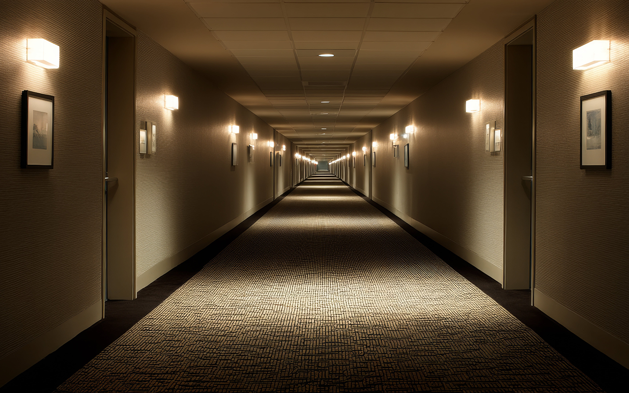 Hotel corridor with emergency lighting and fire alarm systems