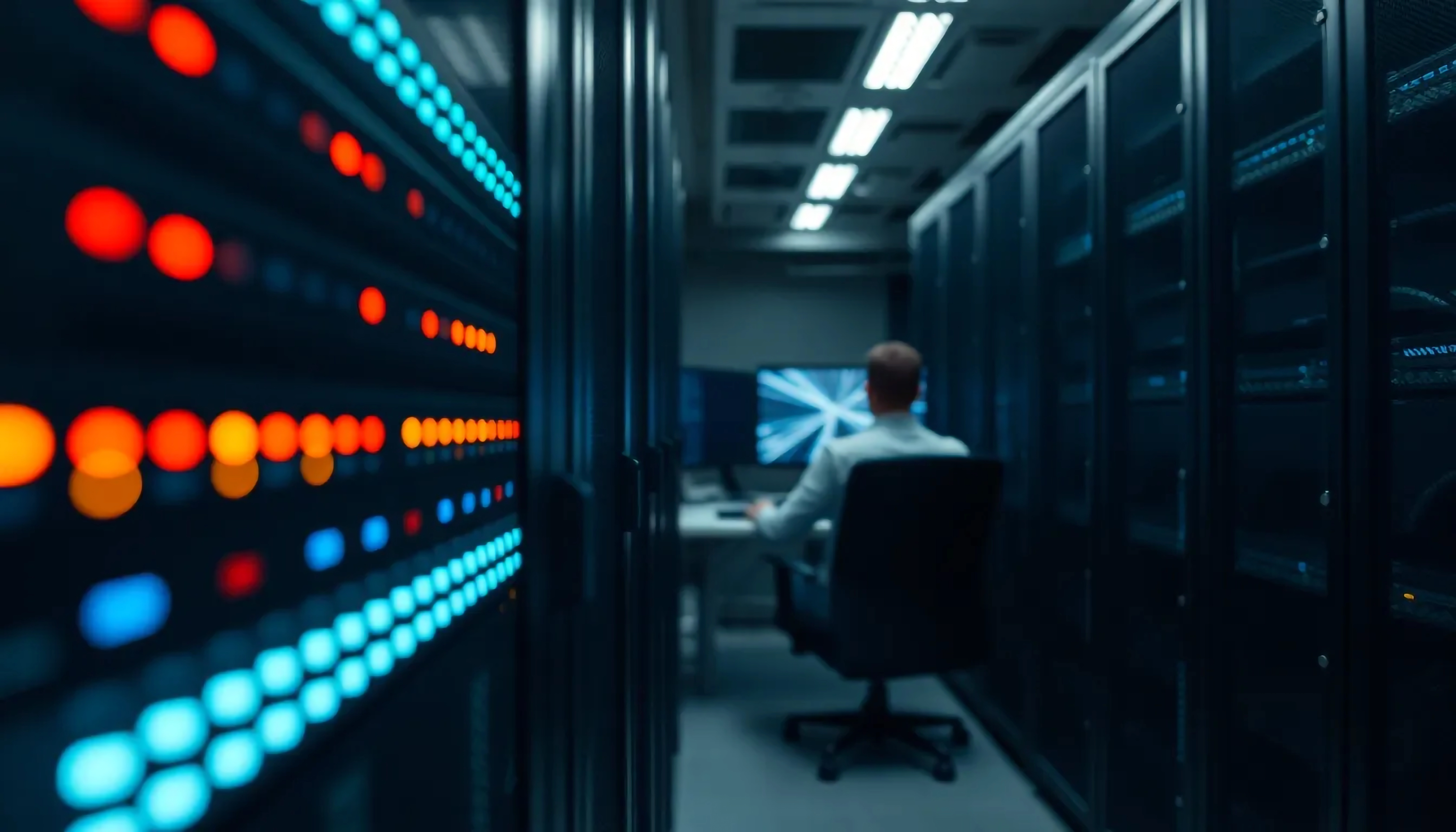 IT technician working at a workstation with redundant PSU and PMBus monitoring