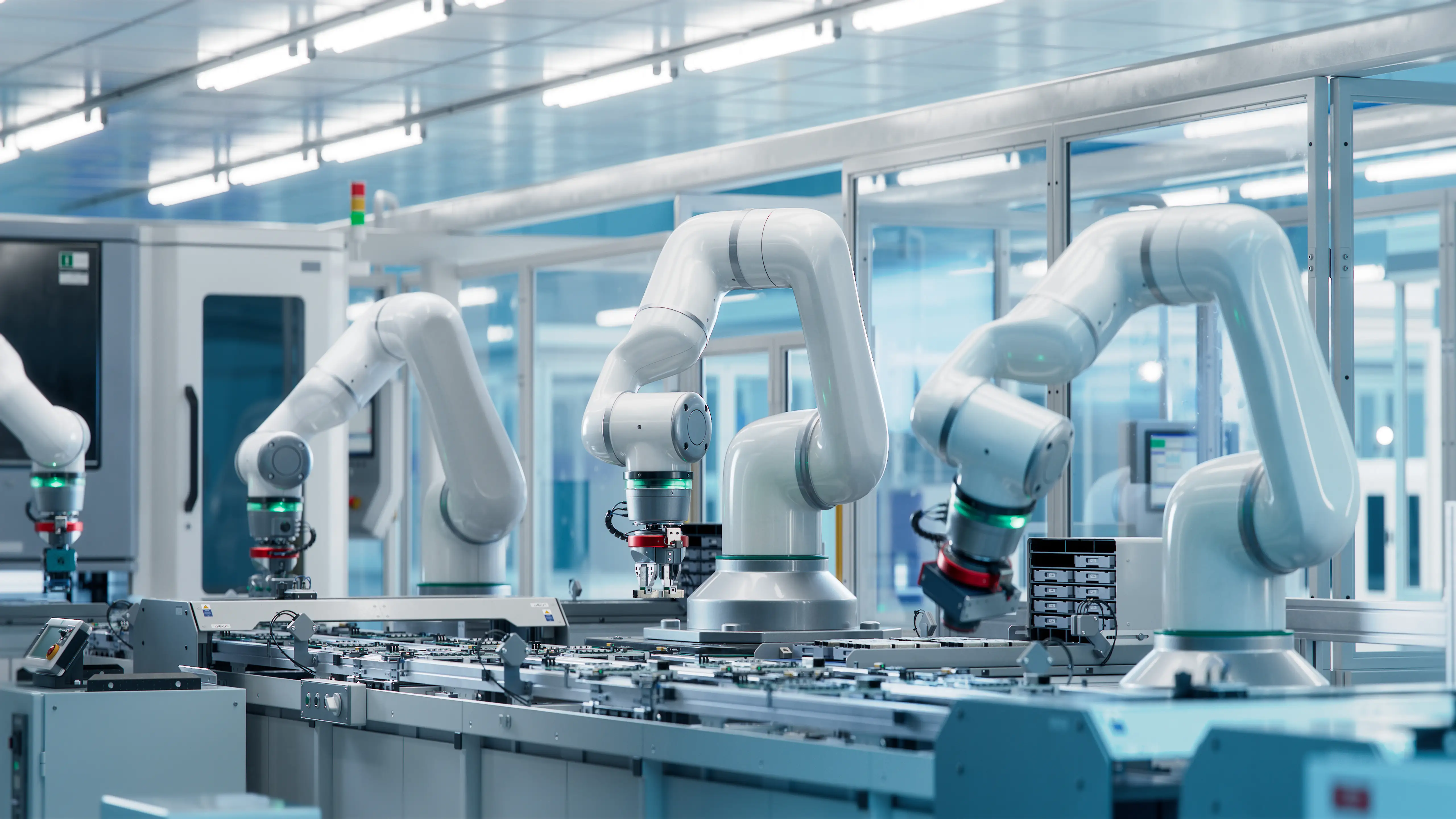 Bras robotiques sur une ligne de fabrication automatisée avec intégration de PSU redondant et PMBus pour une surveillance continue de l'alimentation